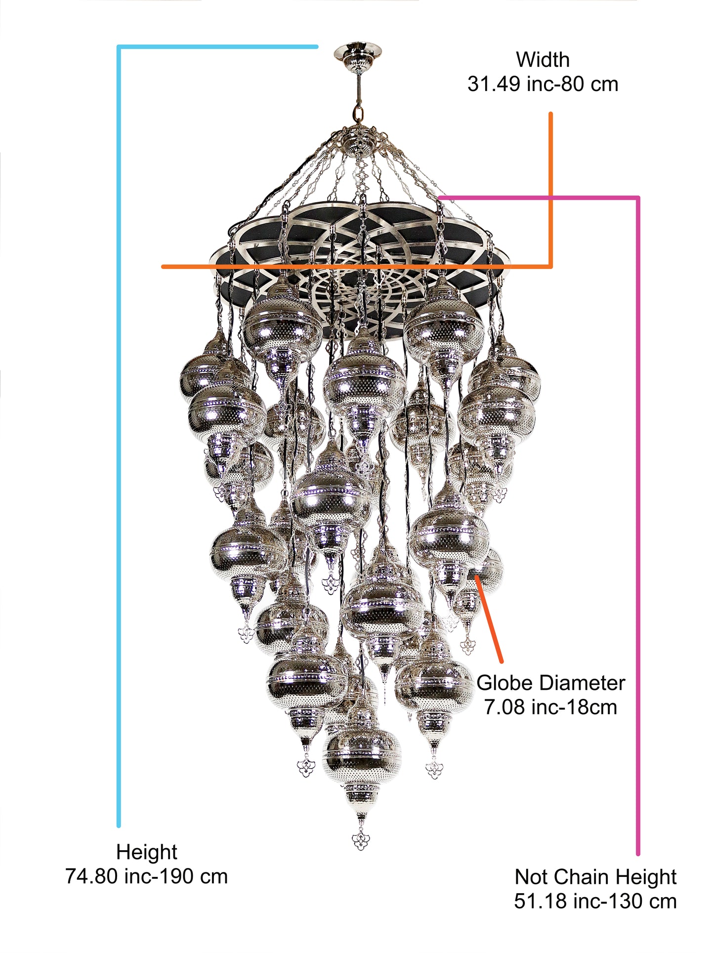 Turkish Handmade Chandelier Nickel Color 25 Globe Ceiling Light