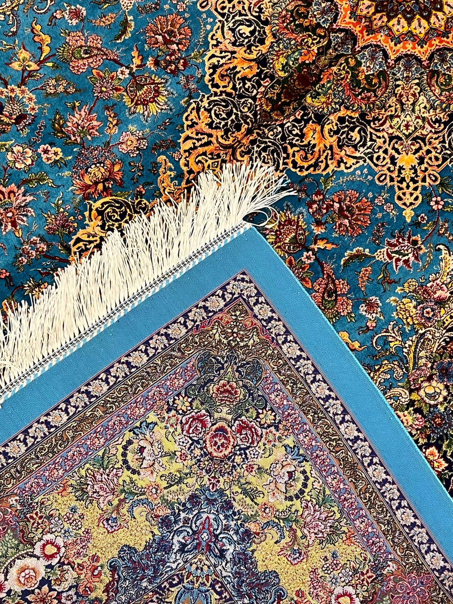 5’ x 8’ Luxury Turquoise Blue Bamboo Silk Rug – Grand Floral Medallion Design, Gold Accents, Fine Woven Statement Rug