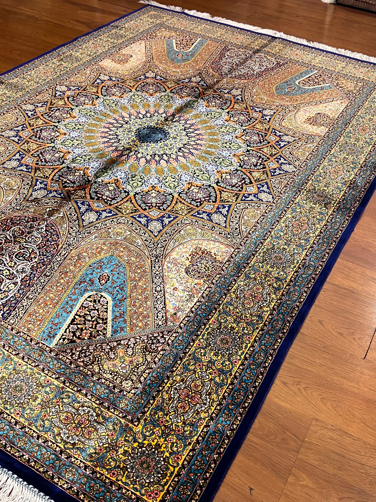 5’ x 8’ Luxury Bamboo Silk Rug – Grand Rosette Medallion Design, Turquoise, Navy & Gold Fine Woven Statement Rug