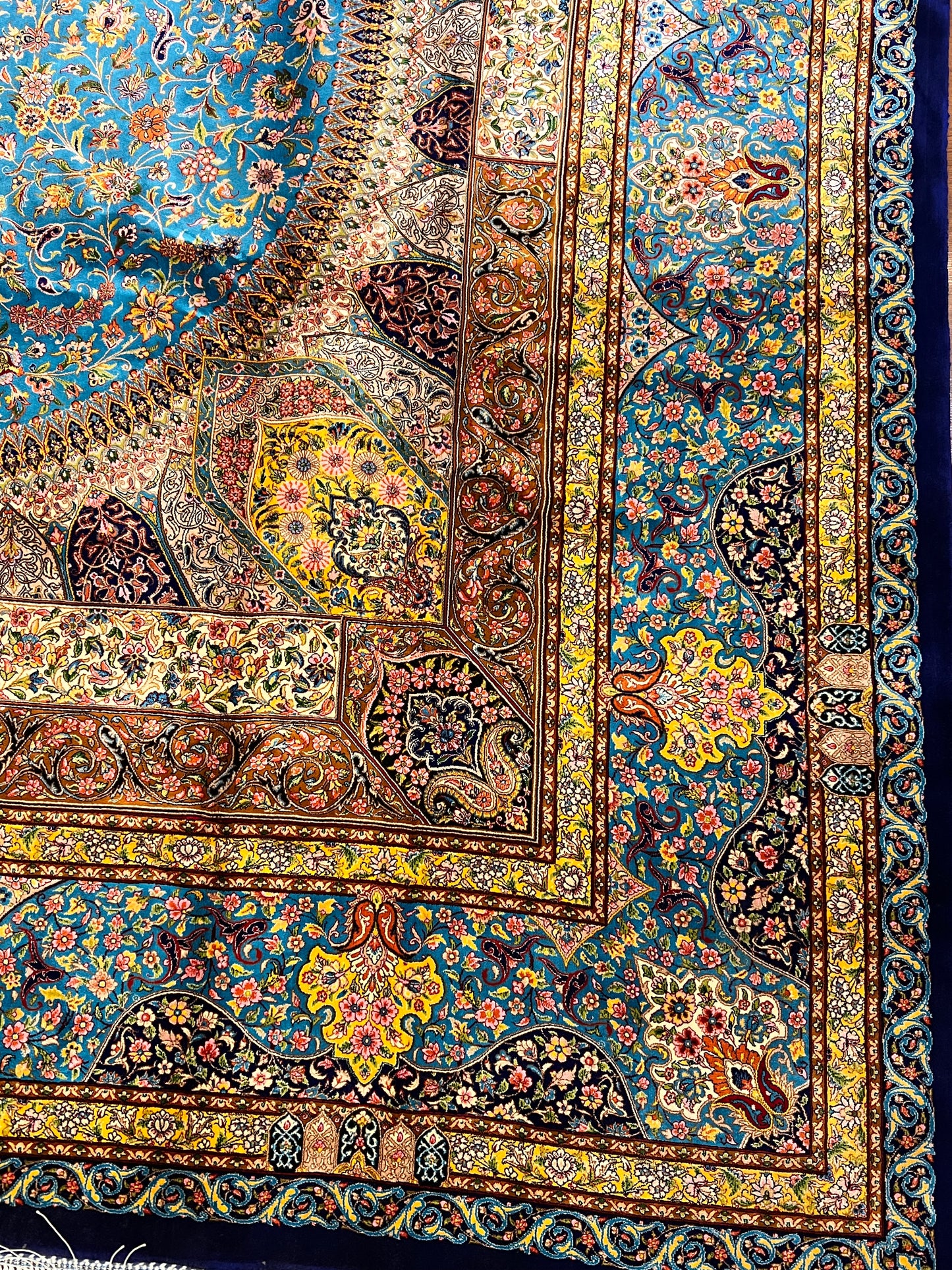 7x10 ft Turquoise Blue Silk Rug – Luxury Architectural Floral Medallion Design – Intricate Woven Turkish Area Rug for Living Room, Dining Room, Office & Elegant Interiors