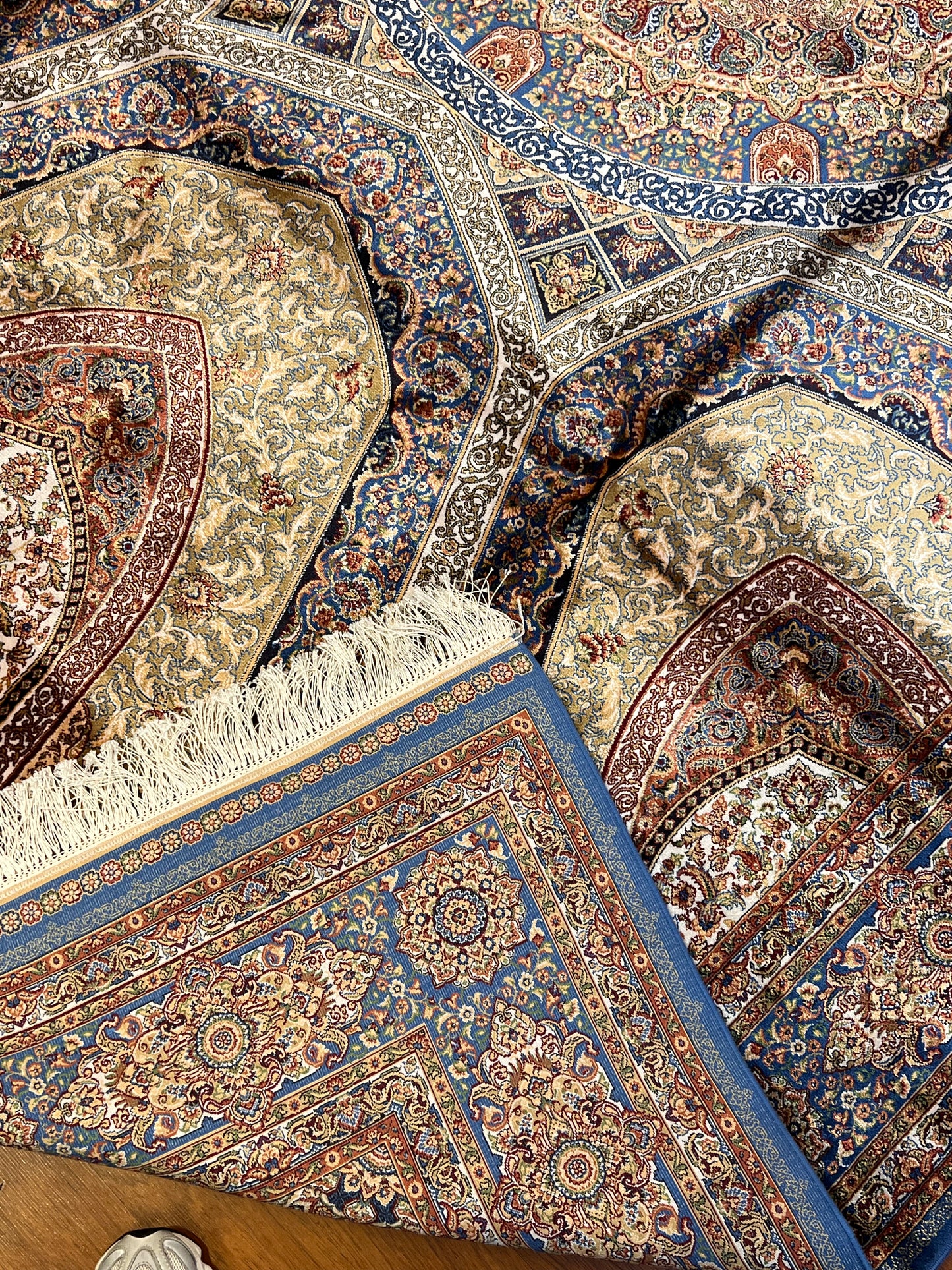 7x10 Silk Rug – Grand Architectural Medallion Design in Ivory, Soft Blue & Burgundy – Woven Turkish Area Rug