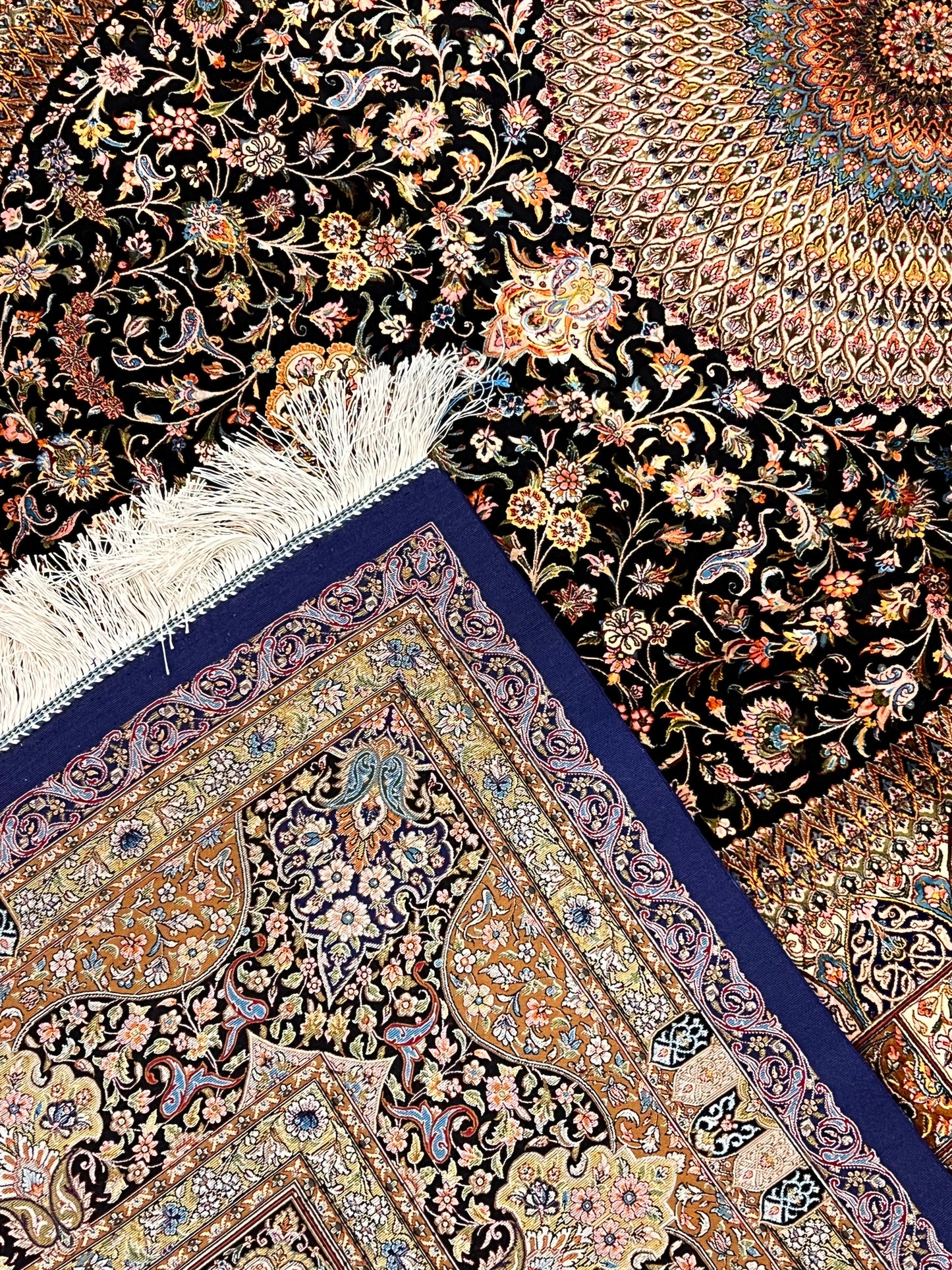 7’ x 10’ Luxury Silk Rug – Grand Black Medallion & Ornate Floral Design – Statement Turkish Area Rug