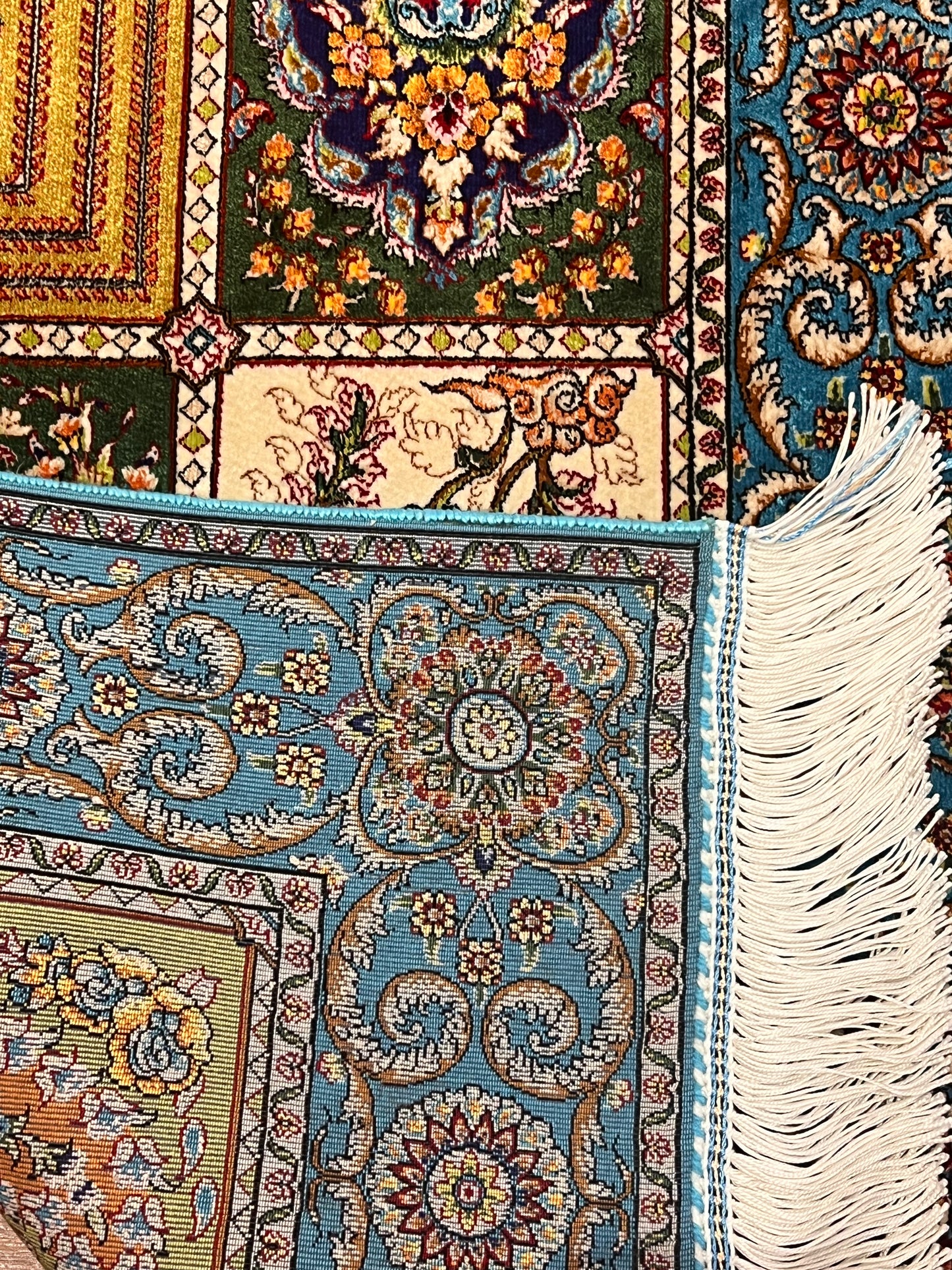 19” x 28” Small Silk Rug – Turquoise Garden Panel Luxury Accent Rug