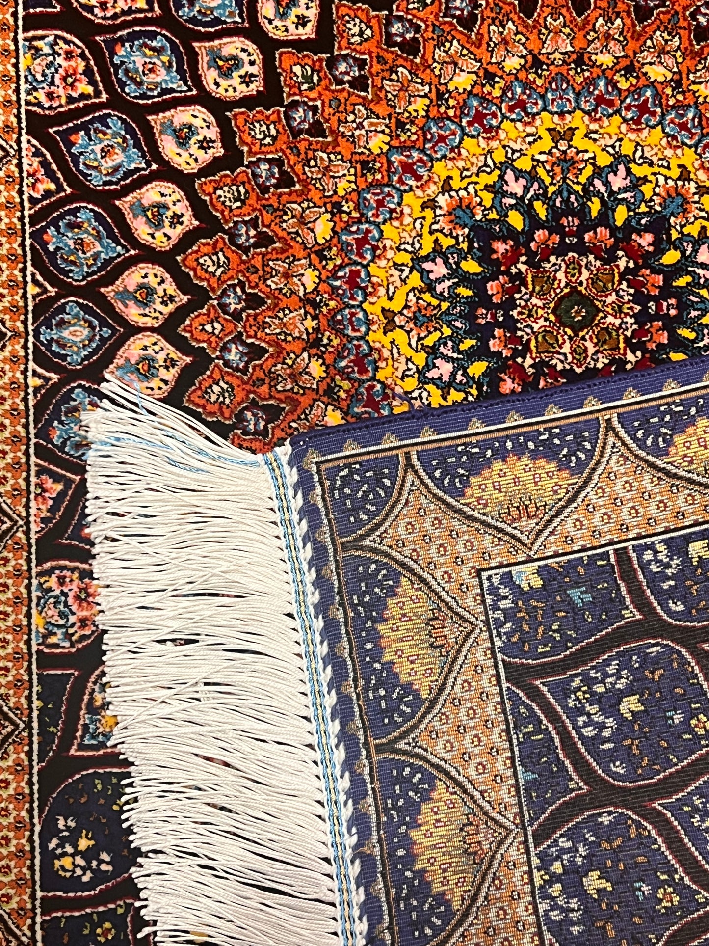 19” x 28” Small Silk Rug – Midnight Blue & Orange Radiant Medallion Accent Rug