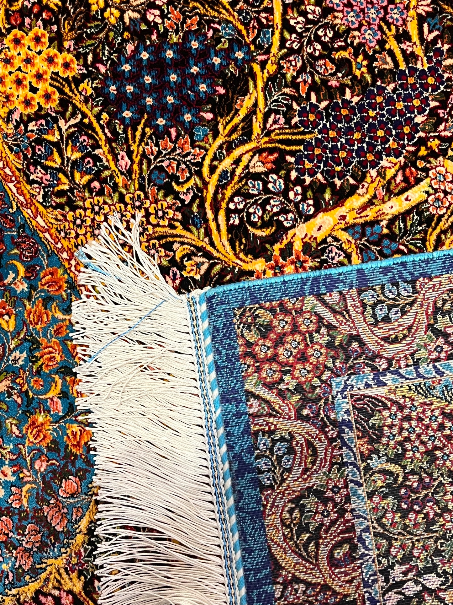 23” x 35” Luxury Turkish Silk Accent Rug – Midnight Blue & Turquoise Floral Tree of Life Design