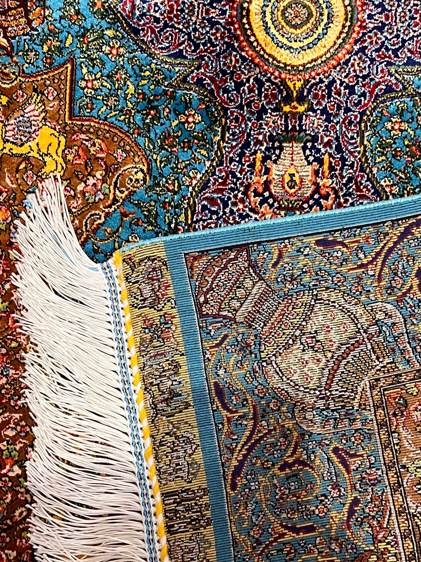 23” × 35” Luxury Turkish Silk Rug – Ivory, Turquoise Blue & Rust Gold Medallion, Hereke-Inspired Oriental Accent Rug