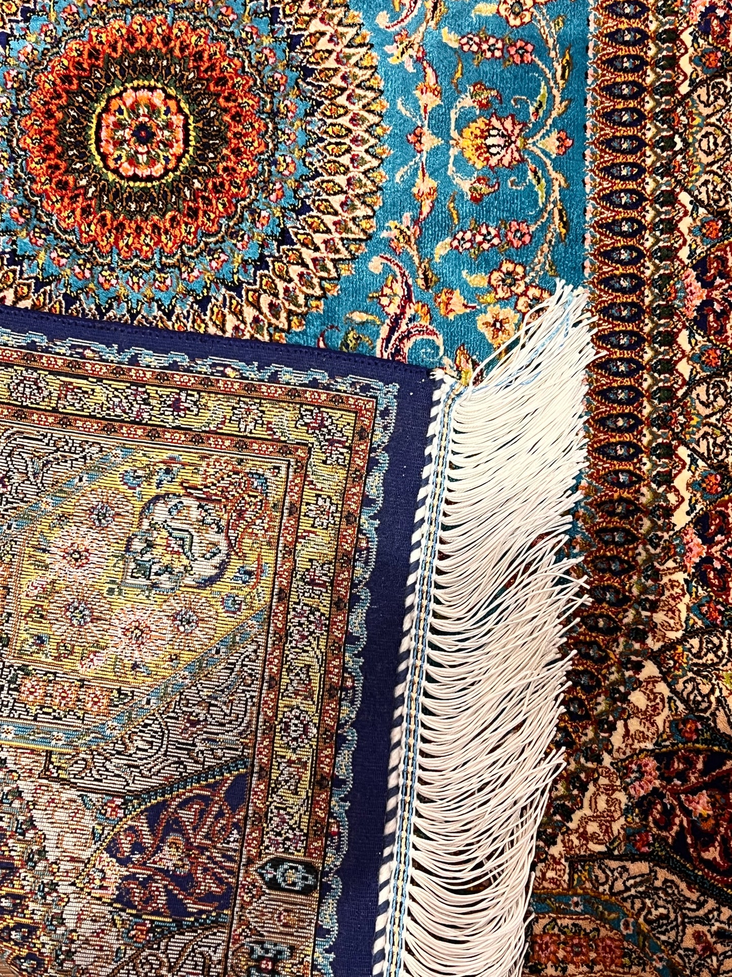 23” × 35” Luxury Turkish Silk Rug – Turquoise Blue & Navy Floral Medallion, Hereke-Inspired Small Accent Rug