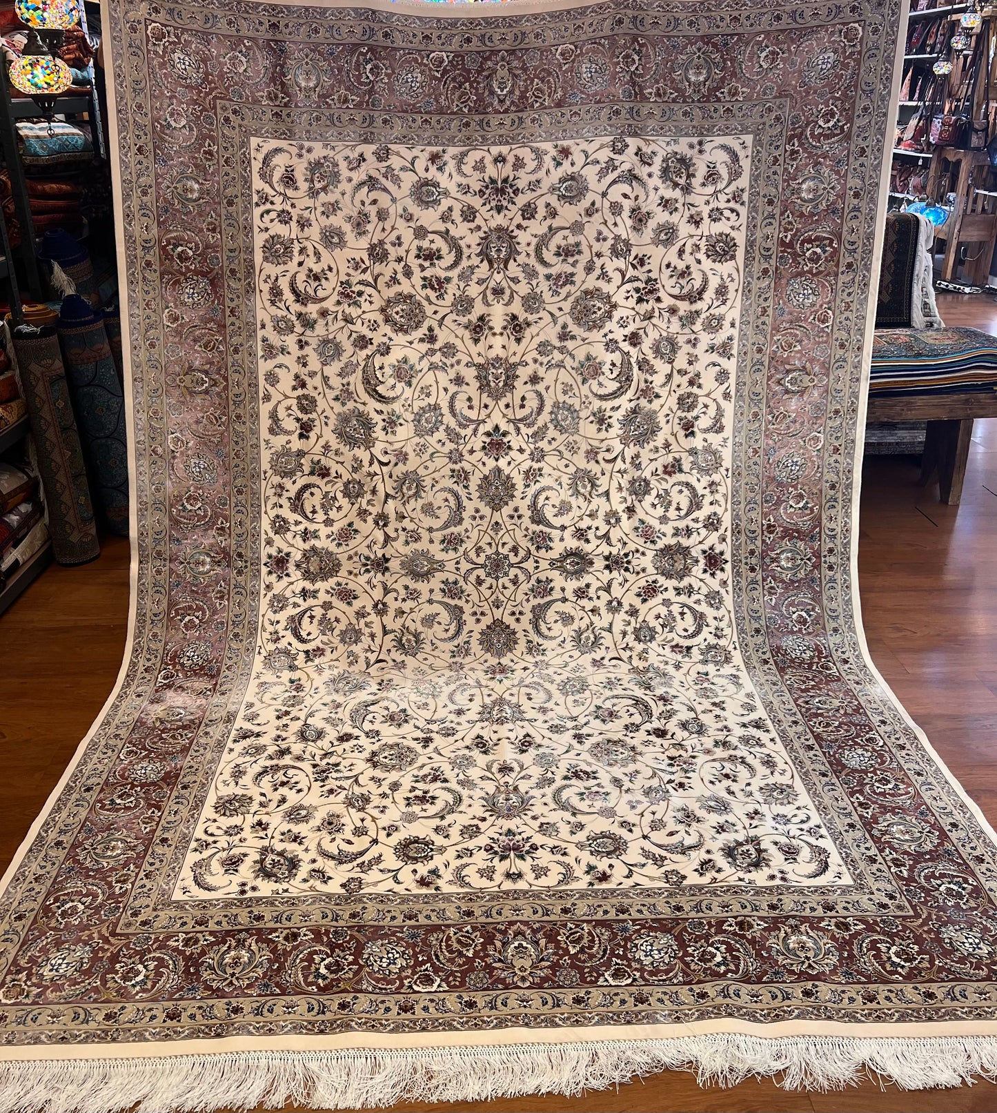 Luxury Turkish Bamboo Silk Area Rug 6.5x9.8 ft, Cream Floral Oriental Hereke Style Rug