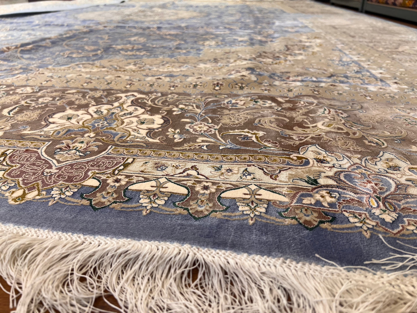 Luxury Bamboo Silk Area Rug – 13.4’ × 9.7’ | Grand Medallion Design | Premium Blue & Ivory Statement Rug