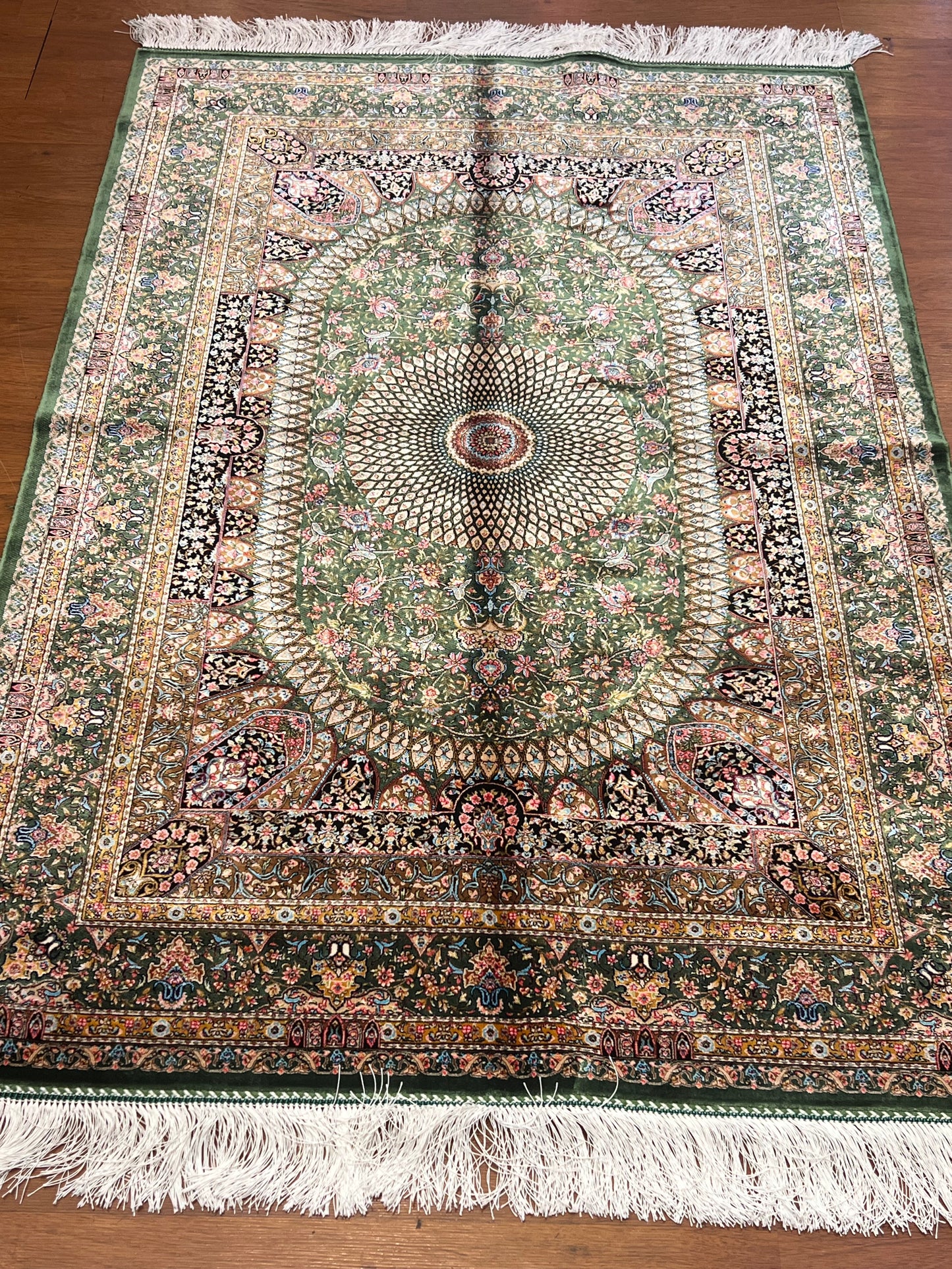 3x5 ft Green Bamboo Silk Rug – Ornate Floral Medallion Design, Luxury Silk Accent Rug, Elegant Classic Home Decor