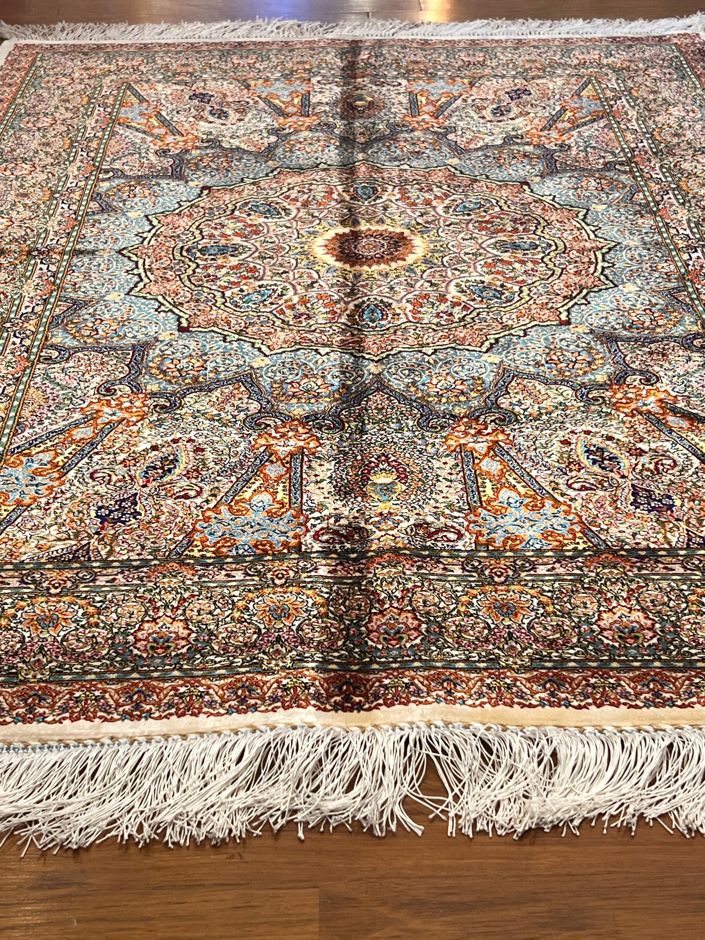3x5 ft Ivory & Blue Bamboo Silk Rug – Ornate Medallion Floral Design, Luxury Silk Accent Rug for Living Room, Bedroom & Entryway