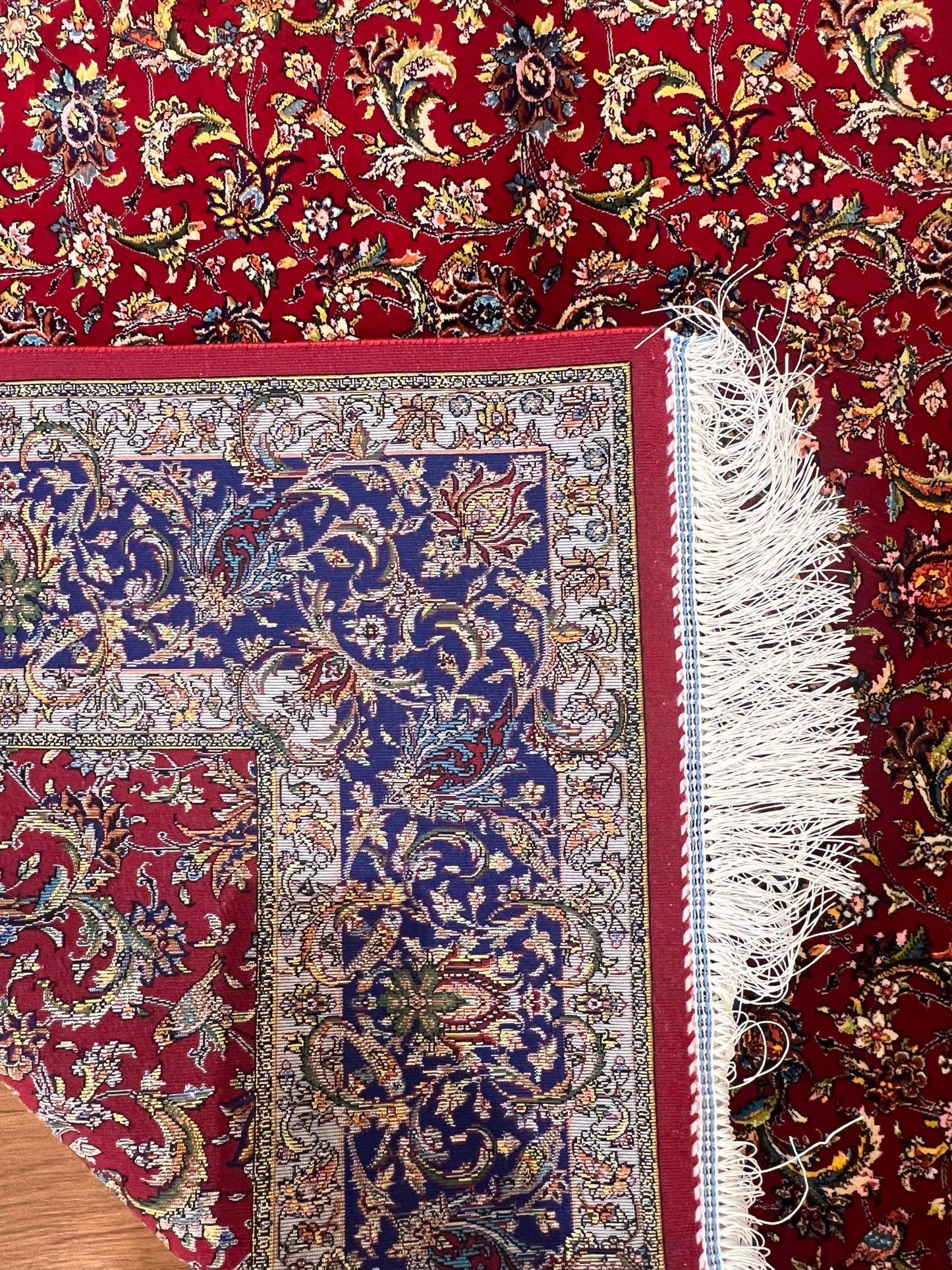 4x6 ft Silk Rug – Deep Red & Navy Floral Area Rug, Elegant Traditional Design with Intricate Botanical Details