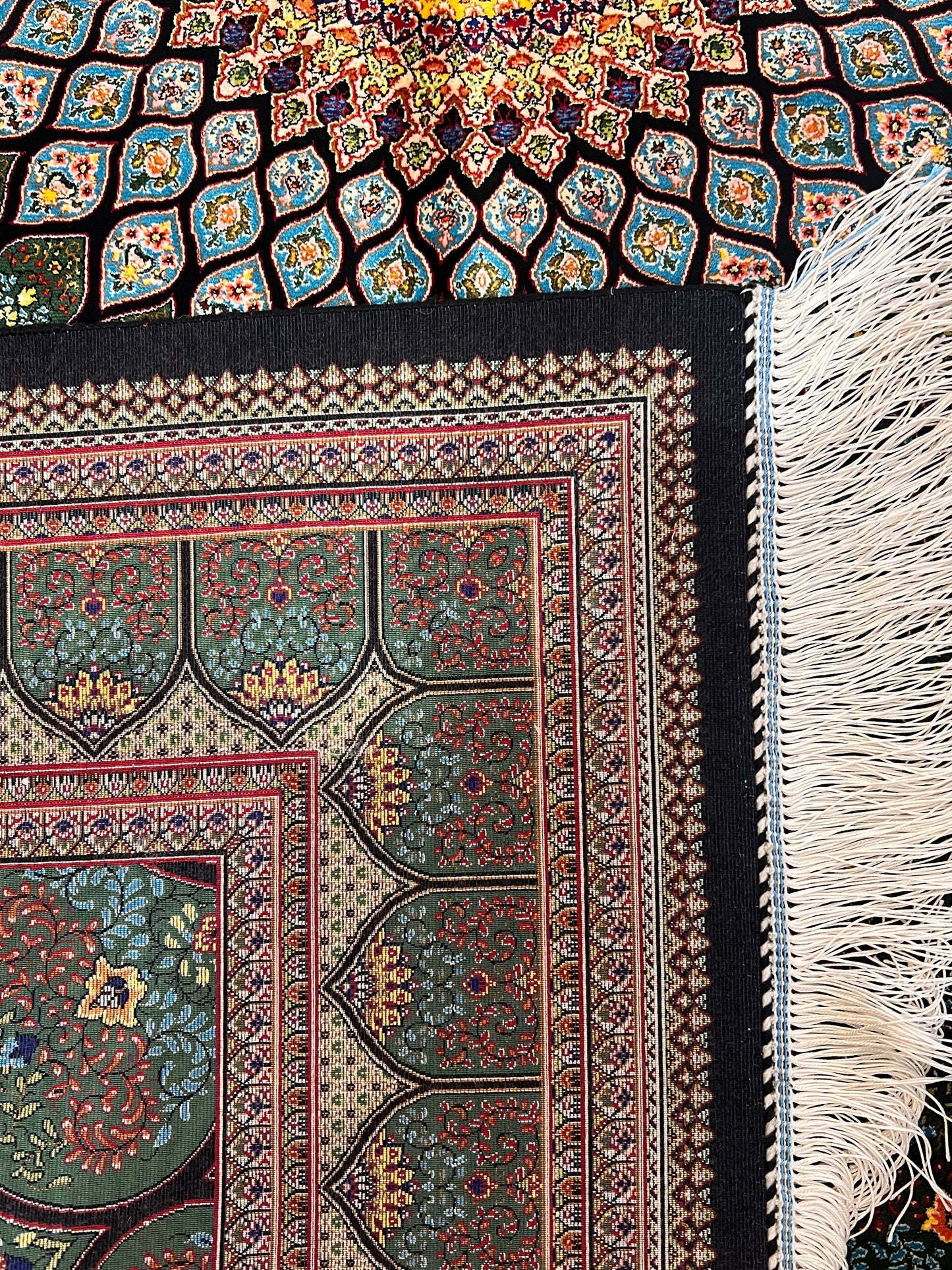 4x6 ft Silk Rug – Deep Green & Black Floral Medallion Area Rug with Radiating Geometric Design and Elegant Silk Finish