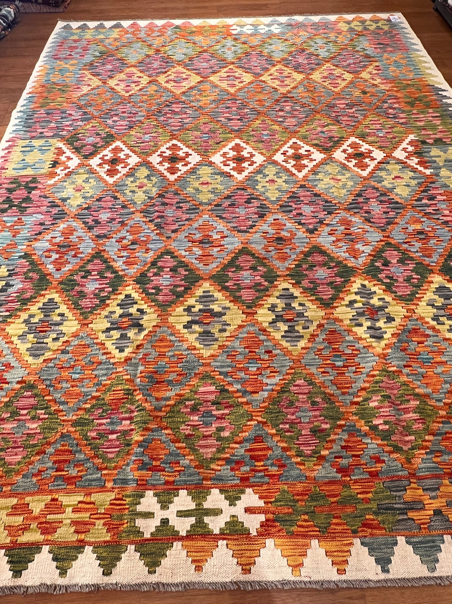 7x10 Turkish Kilim Rug – Multicolor Geometric Diamond Design, Handwoven Wool Area Rug