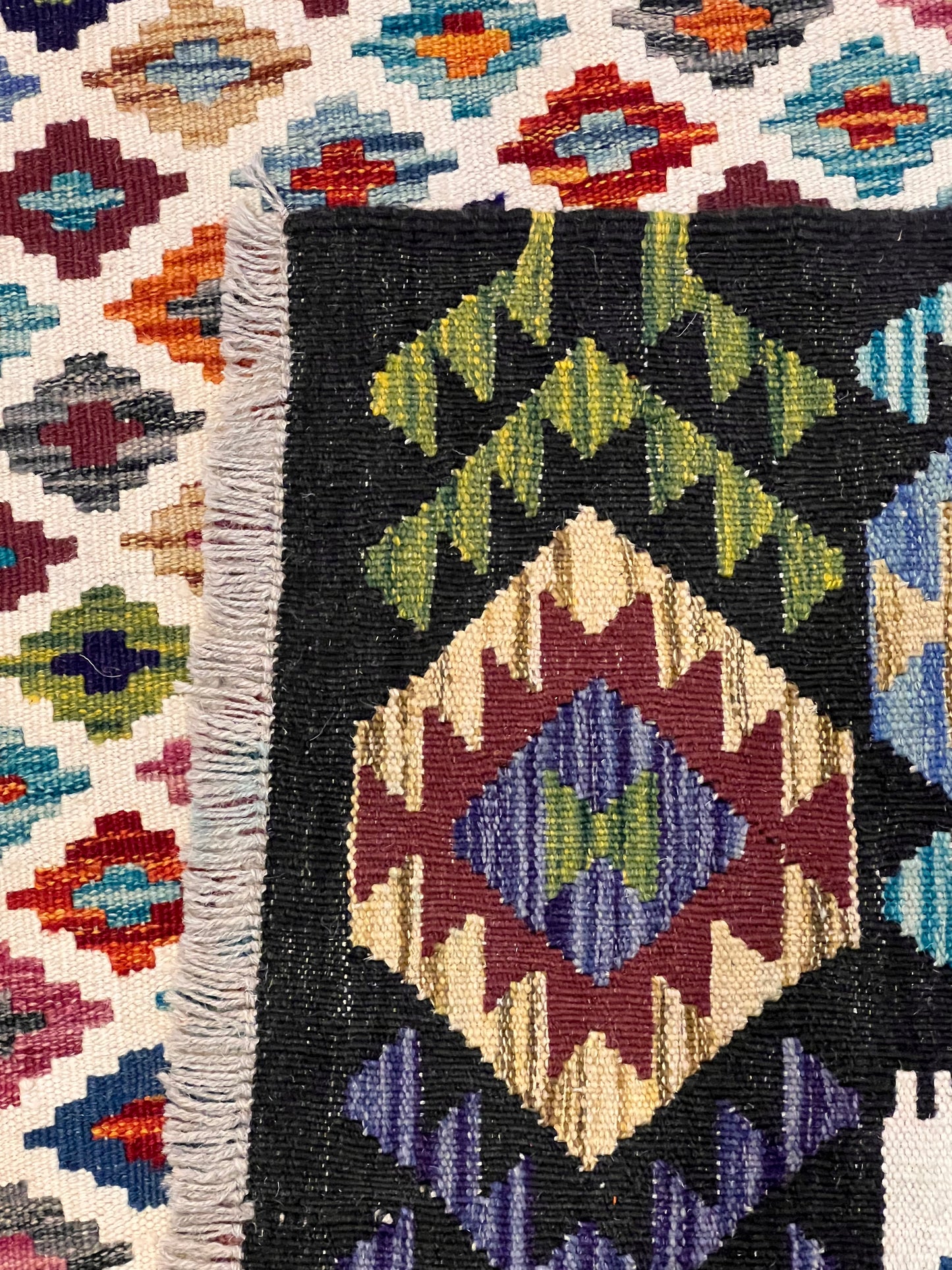 6x8 Fine Quality Turkish Kilim Rug – Handwoven Multicolor Geometric Rug with Bold Black Border