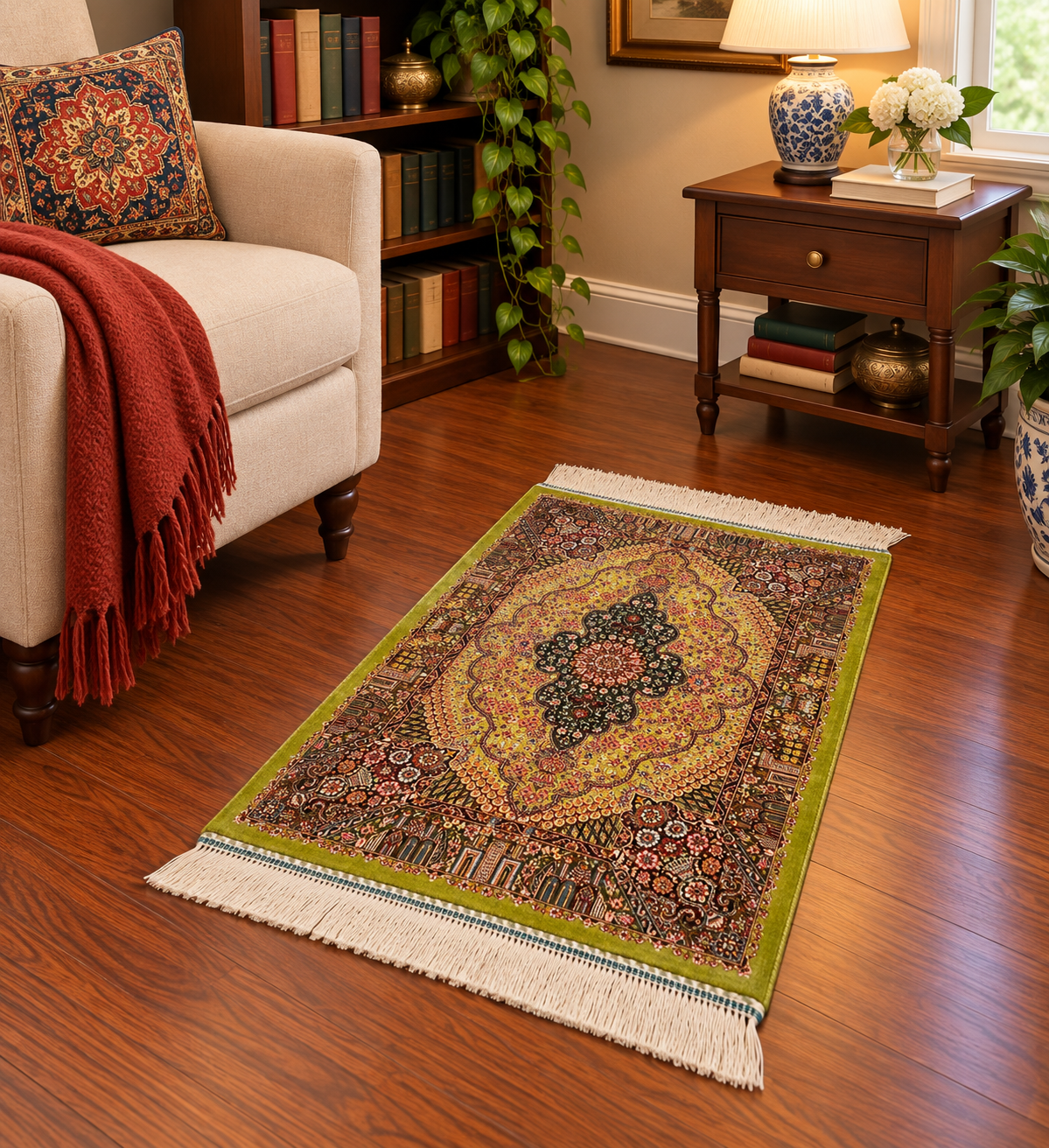 19” x 28” Small Silk Rug – Olive Green Garden Medallion Luxury Accent Rug