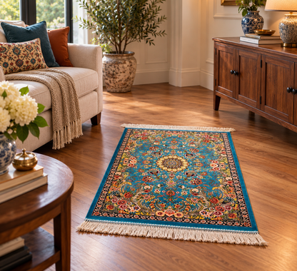 23” × 35” Luxury Turkish Bamboo Silk Rug – Turquoise Blue Floral Medallion, Elegant Small Accent Rug