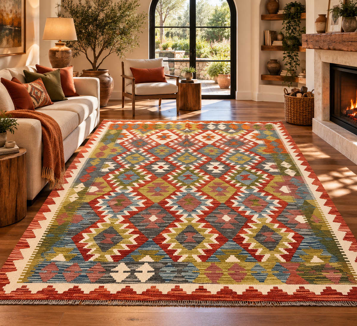 5x7 Fine Quality Handwoven Turkish Kilim Rug – Rust Red Olive Geometric Anatolian Rug