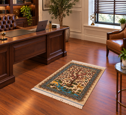 19” x 28” Small Silk Rug – Garden of Life Deer & Floral Tree Turkish Accent Rug