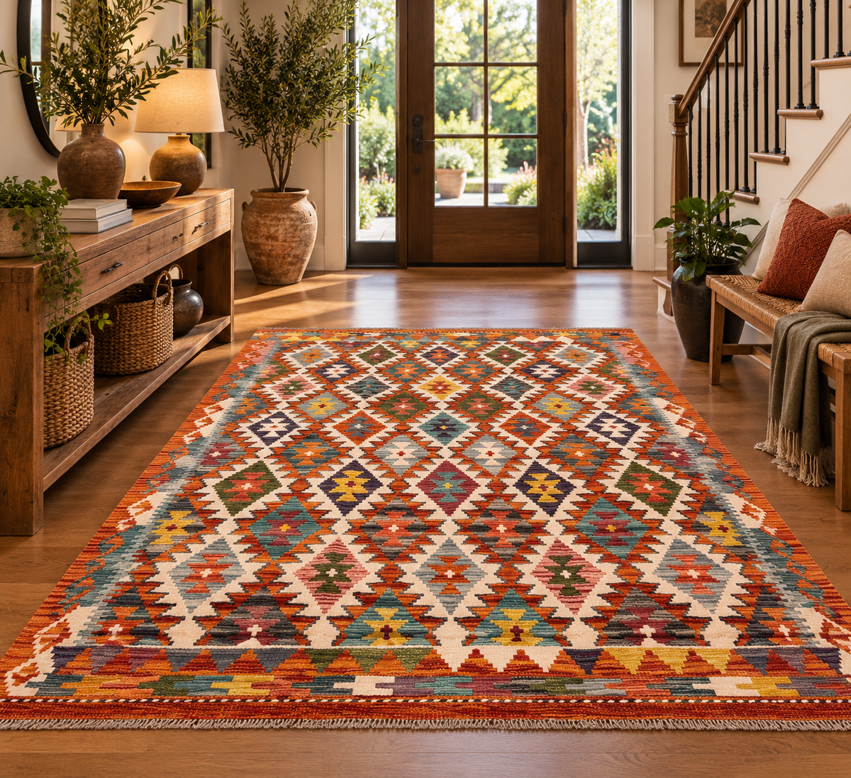 5x7 Fine Quality Handwoven Turkish Kilim Rug – Multicolor Geometric Anatolian Area Rug