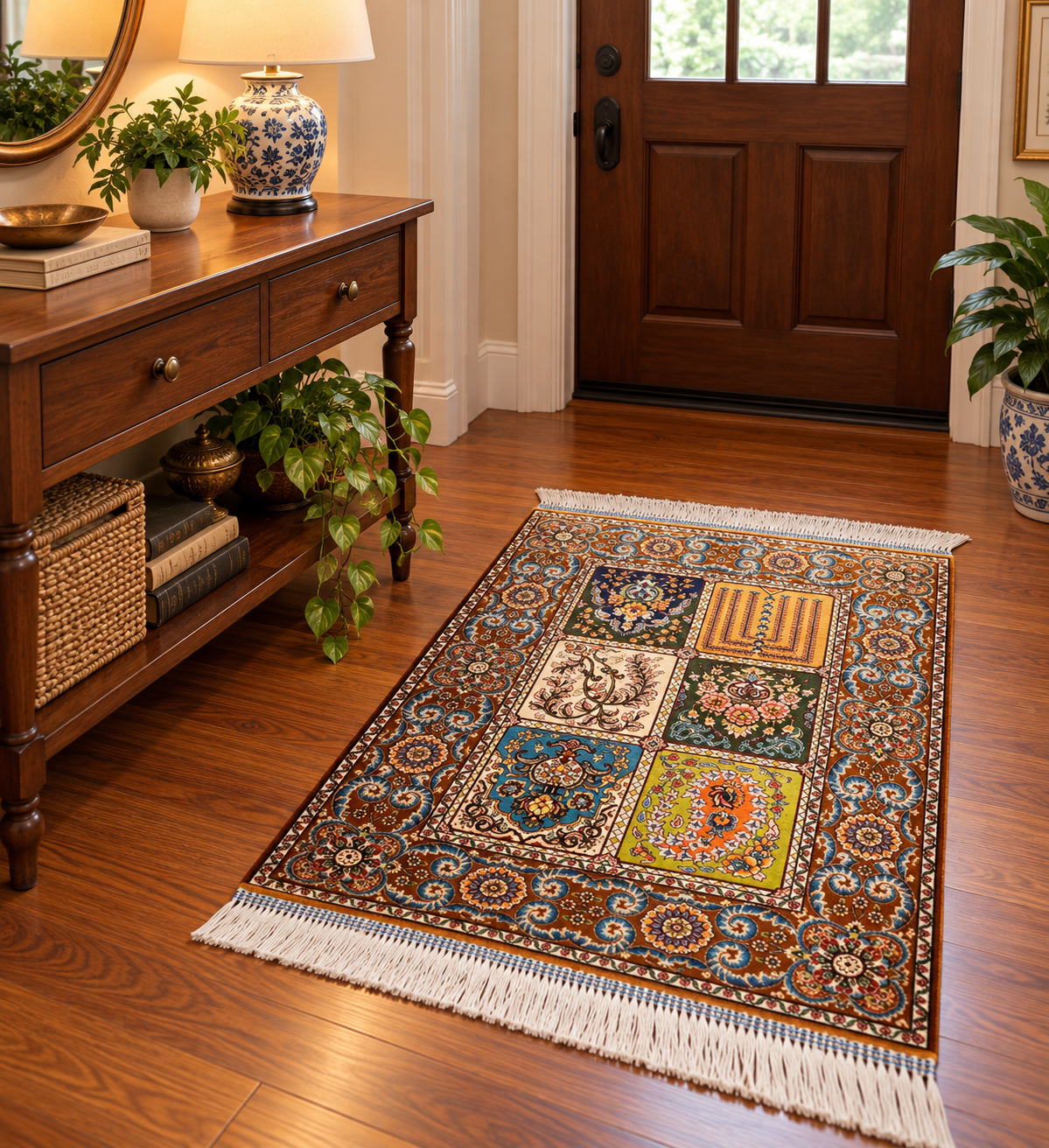 19” x 28” Small Silk Rug – Six-Panel Garden Gallery Luxury Accent Rug
