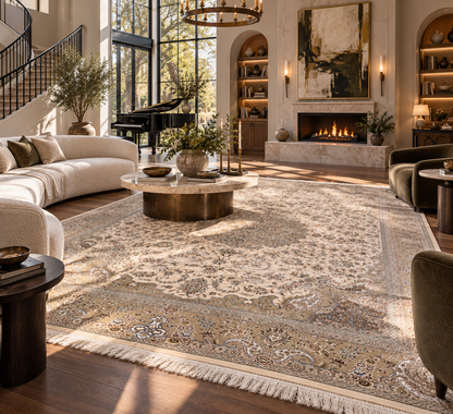 8×12 ft Silk Rug – Ivory, Beige & Taupe Medallion Area Rug, Luxury Neutral Floral Turkish Design, Extra Large Rug