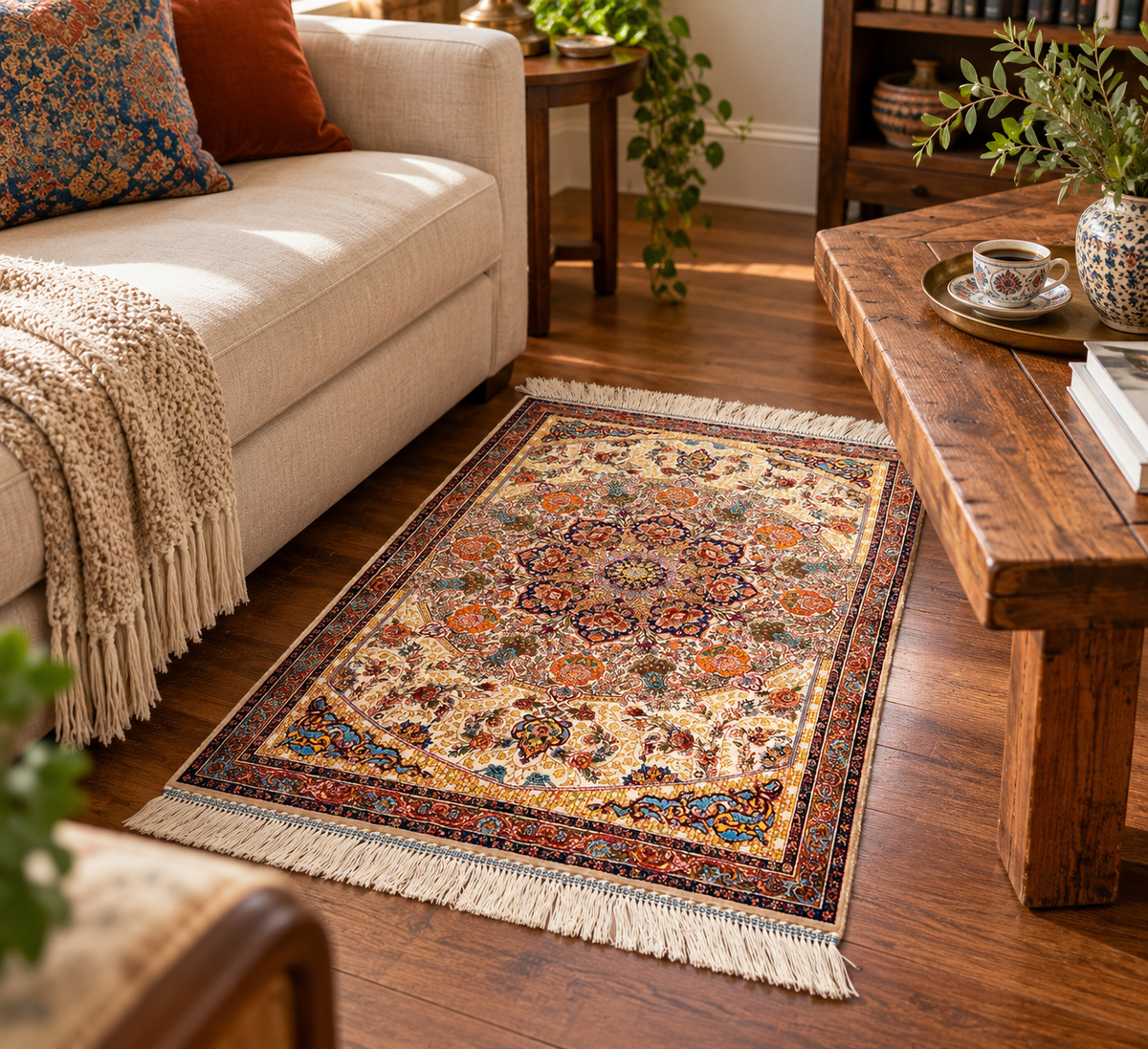 23” × 35” Luxury Turkish Bamboo Silk Rug – Ivory & Navy Blue Floral Medallion, Elegant Small Accent Rug