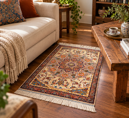 23” × 35” Luxury Turkish Bamboo Silk Rug – Ivory & Navy Blue Floral Medallion, Elegant Small Accent Rug