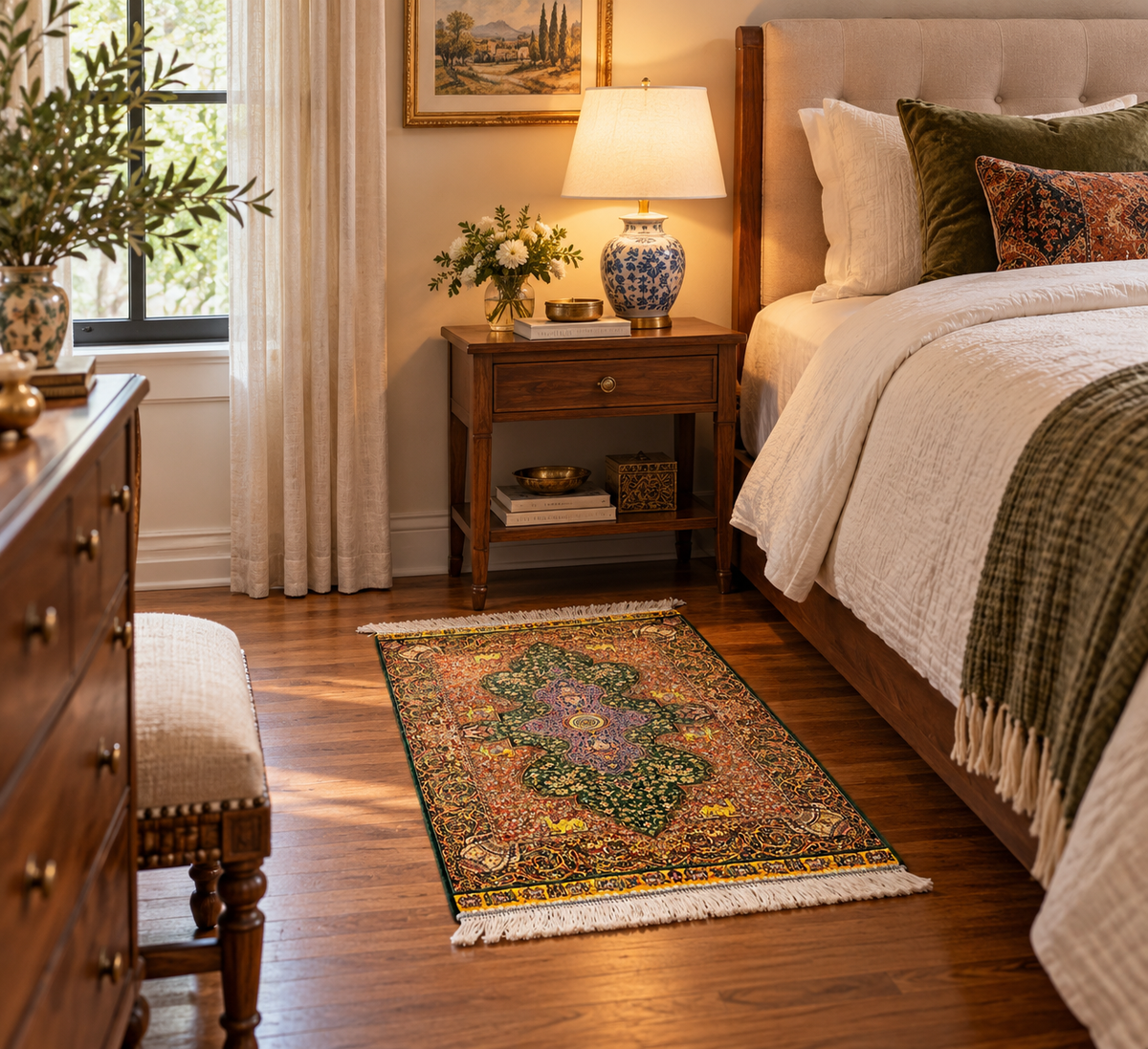 23” × 35” Luxury Turkish Silk Rug – Emerald Green & Gold Oriental Medallion, Hereke-Inspired Floral Accent Rug