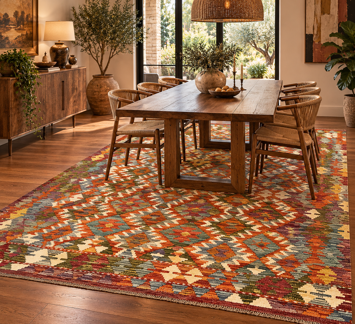 5x7 Fine Quality Handwoven Turkish Kilim Rug – Terracotta & Turquoise Geometric Anatolian Rug