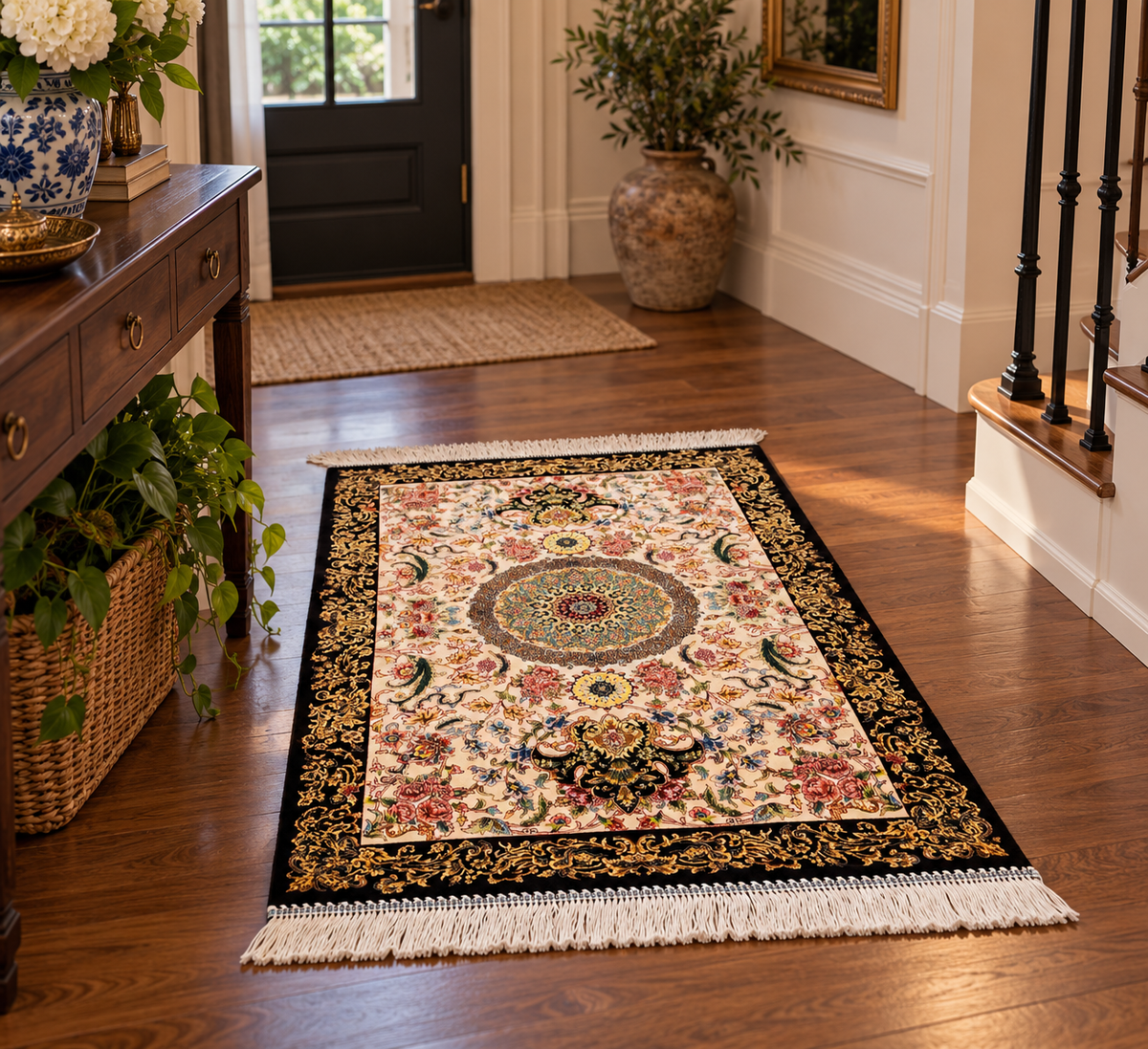23” × 35” Luxury Turkish Silk Rug – Ivory & Black Floral Medallion Design, Elegant Small Accent Rug