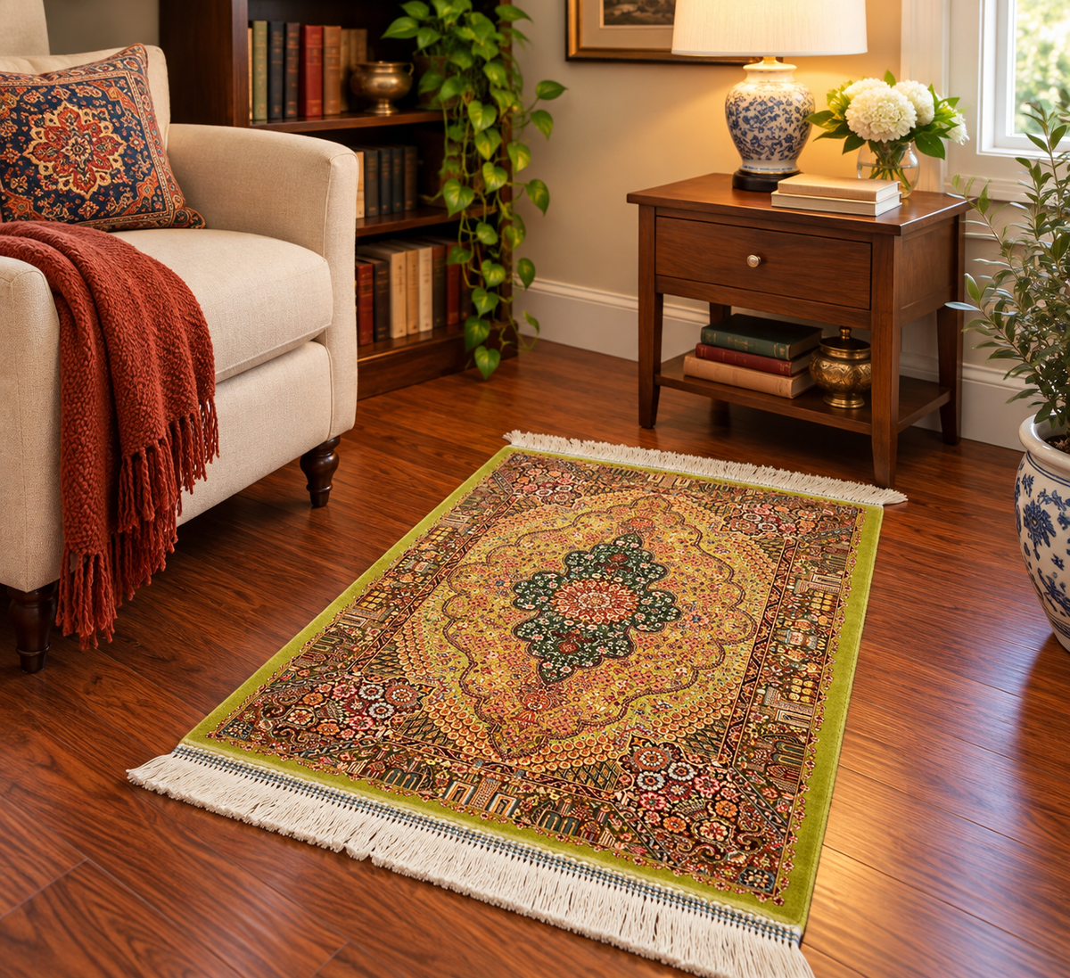 19” x 28” Small Silk Rug – Olive Green Botanical Medallion Luxury Accent Rug