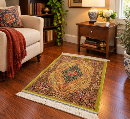 19” x 28” Small Silk Rug – Olive Green Botanical Medallion Luxury Accent Rug