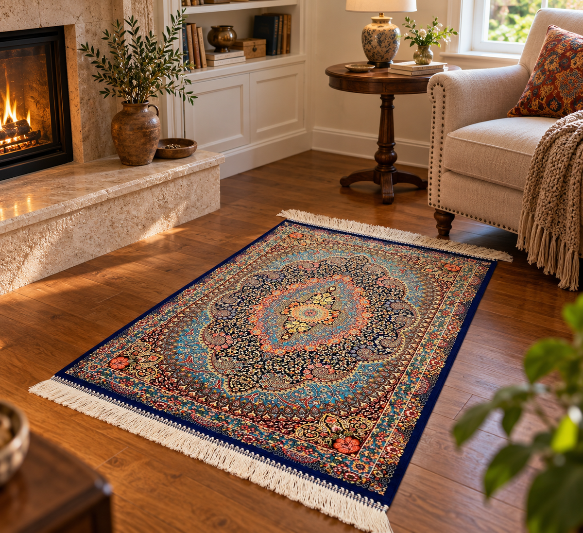 23” × 35” Luxury Turkish Bamboo Silk Rug – Navy Blue & Turquoise Floral Medallion, Elegant Accent Rug