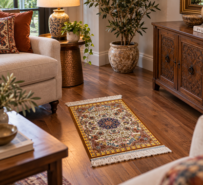 19” x 28” Small Silk Rug – Ivory Floral Medallion Turkish Luxury Accent Rug