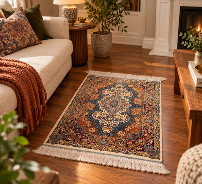23” × 35” Luxury Turkish Bamboo Silk Rug – Ivory, Copper & Blue Ornate Floral Medallion Accent Rug