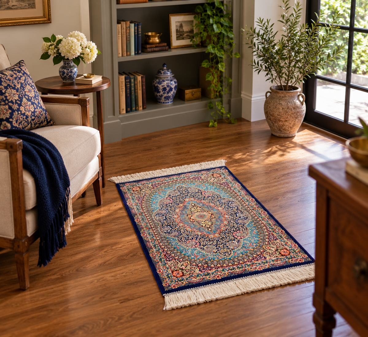 23” x 35” Luxury Turkish Silk Rug – Royal Blue & Turquoise Floral Medallion, Elegant Oriental Accent Rug with Handmade Fringe