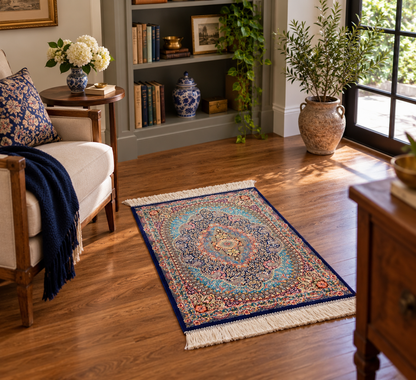 23” x 35” Luxury Turkish Silk Rug – Royal Blue & Turquoise Floral Medallion, Elegant Oriental Accent Rug with Handmade Fringe