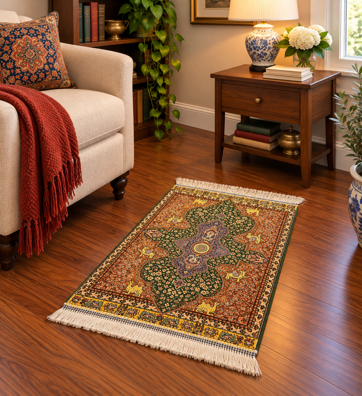 19” x 28” Small Silk Rug – Forest Green & Rust Imperial Medallion Accent Rug