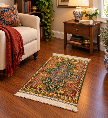 19” x 28” Small Silk Rug – Forest Green & Rust Imperial Medallion Accent Rug