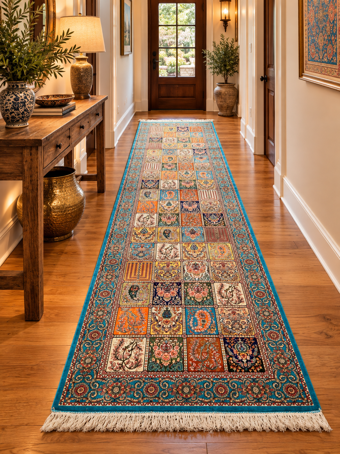 2’7” × 10’ Silk Rug Runner Rug – Turquoise Multicolor Patchwork Woven Turkish Rug