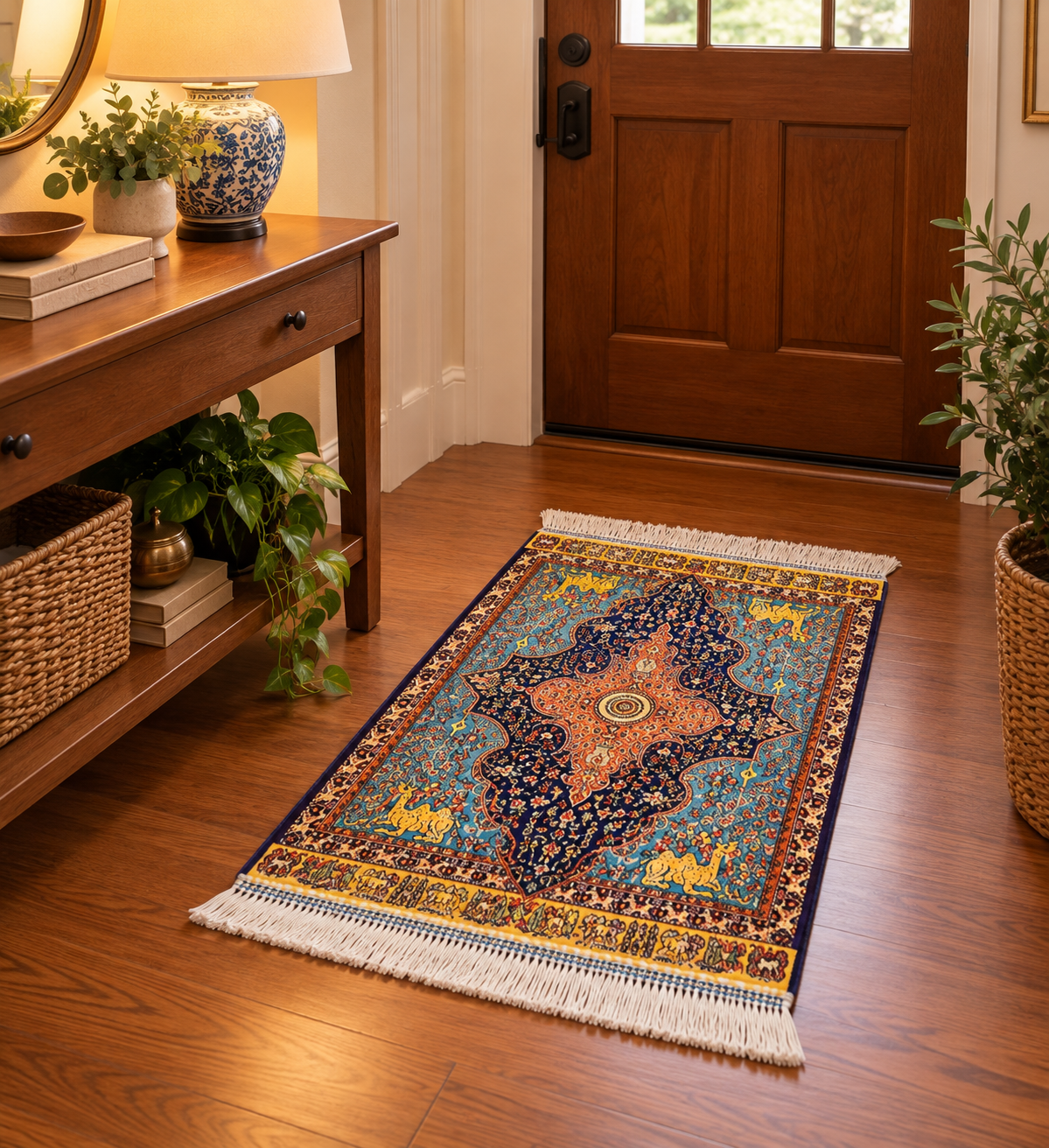 19” x 28” Small Silk Rug – Midnight Navy & Turquoise Imperial Medallion Accent Rug