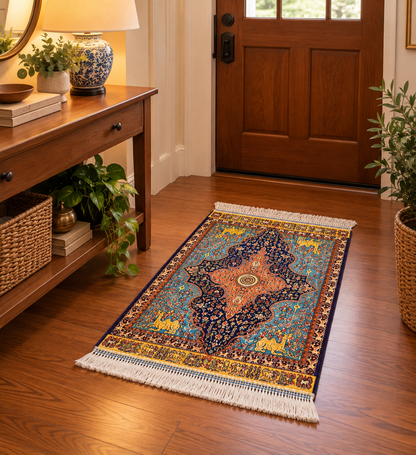 19” x 28” Small Silk Rug – Midnight Navy & Turquoise Imperial Medallion Accent Rug