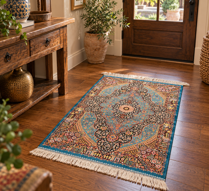 23” × 35” Luxury Turkish Bamboo Silk Rug – Turquoise Blue & Black Ornate Medallion, Premium Floral Accent Rug