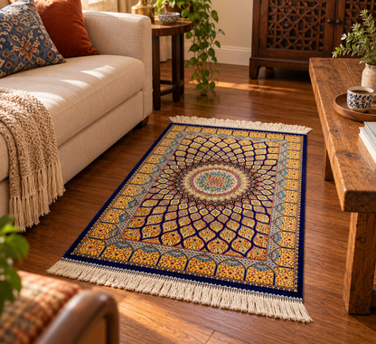 23” × 35” Luxury Turkish Bamboo Silk Rug – Royal Blue & Gold Geometric Starburst Medallion Accent Rug
