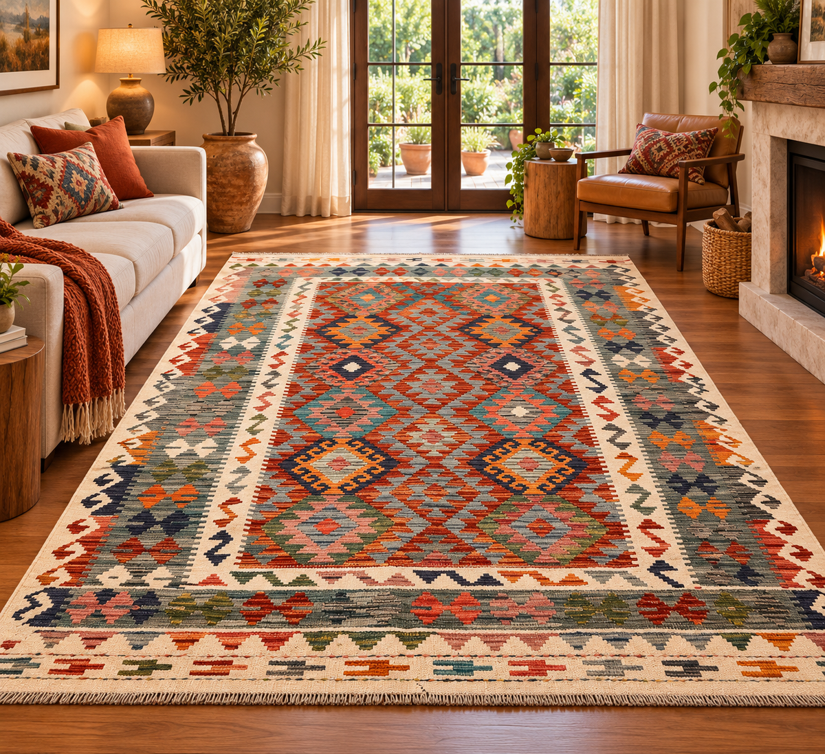 5x7 Fine Quality Handwoven Turkish Kilim Rug – Rust Turquoise Geometric Anatolian Area Rug