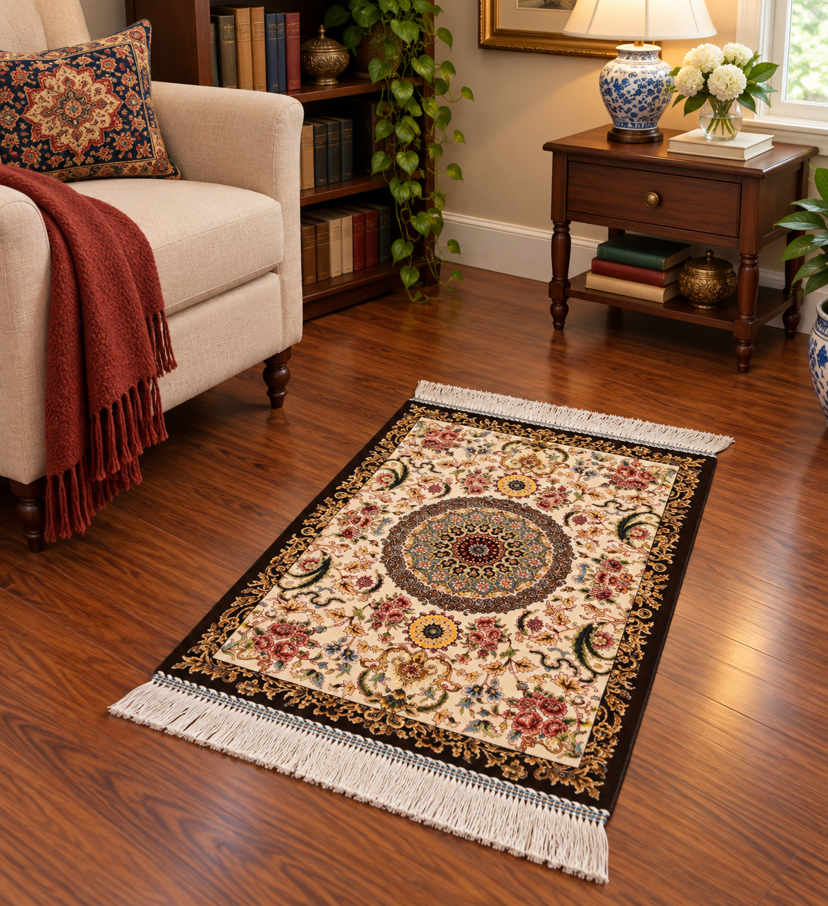 19” x 28” Small Silk Rug – Ivory Floral & Turquoise Medallion Luxury Accent Rug