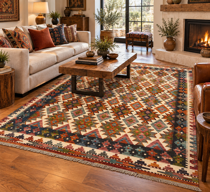 5x7 Fine Quality Handwoven Turkish Kilim Rug – Ivory Geometric Anatolian Area Rug