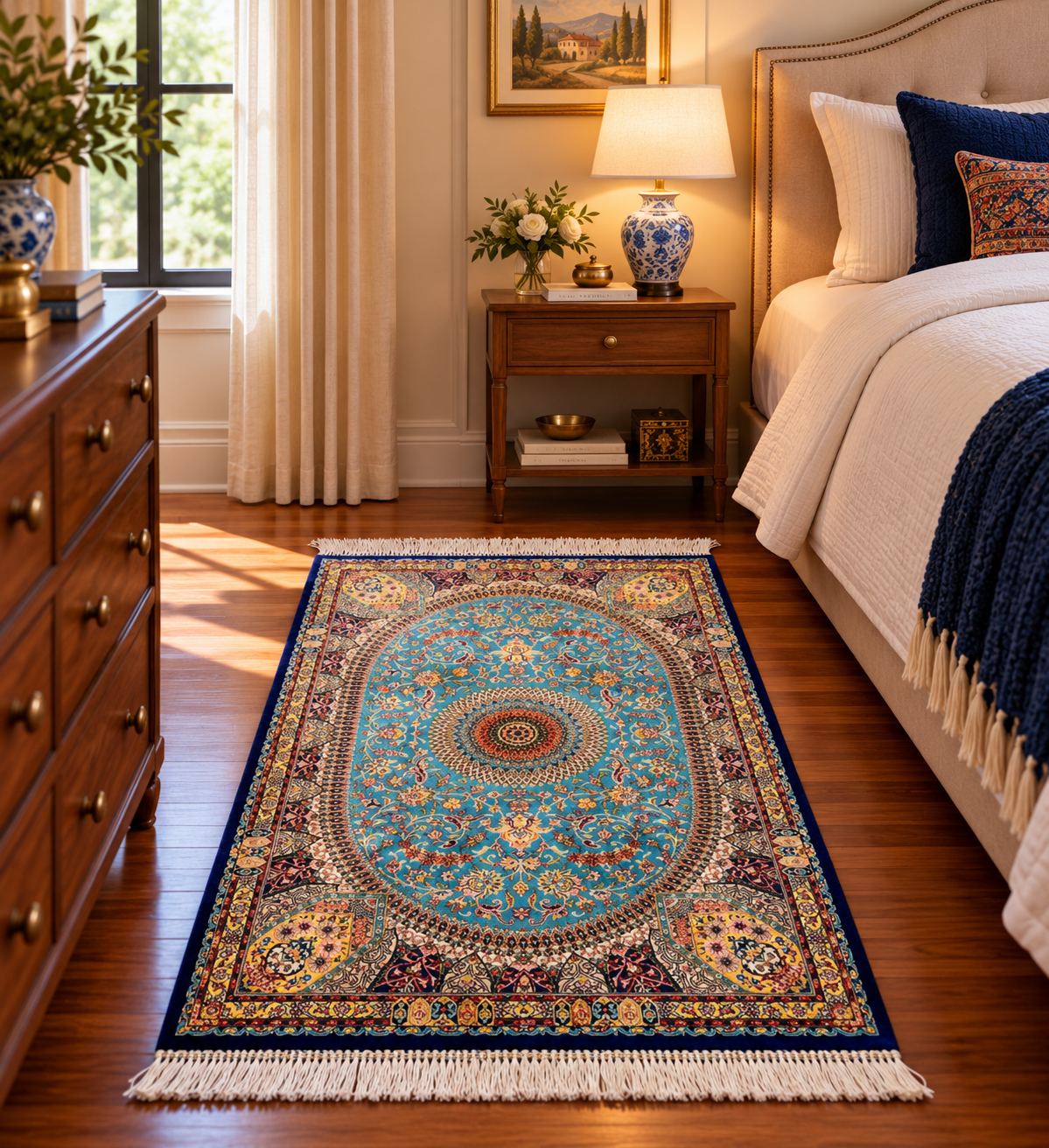 23” × 35” Luxury Turkish Silk Rug – Turquoise Blue & Navy Floral Medallion, Hereke-Inspired Small Accent Rug