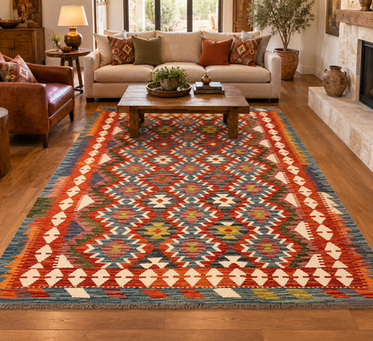 5x7 Fine Quality Handwoven Turkish Kilim Rug – Colorful Geometric Anatolian Rug